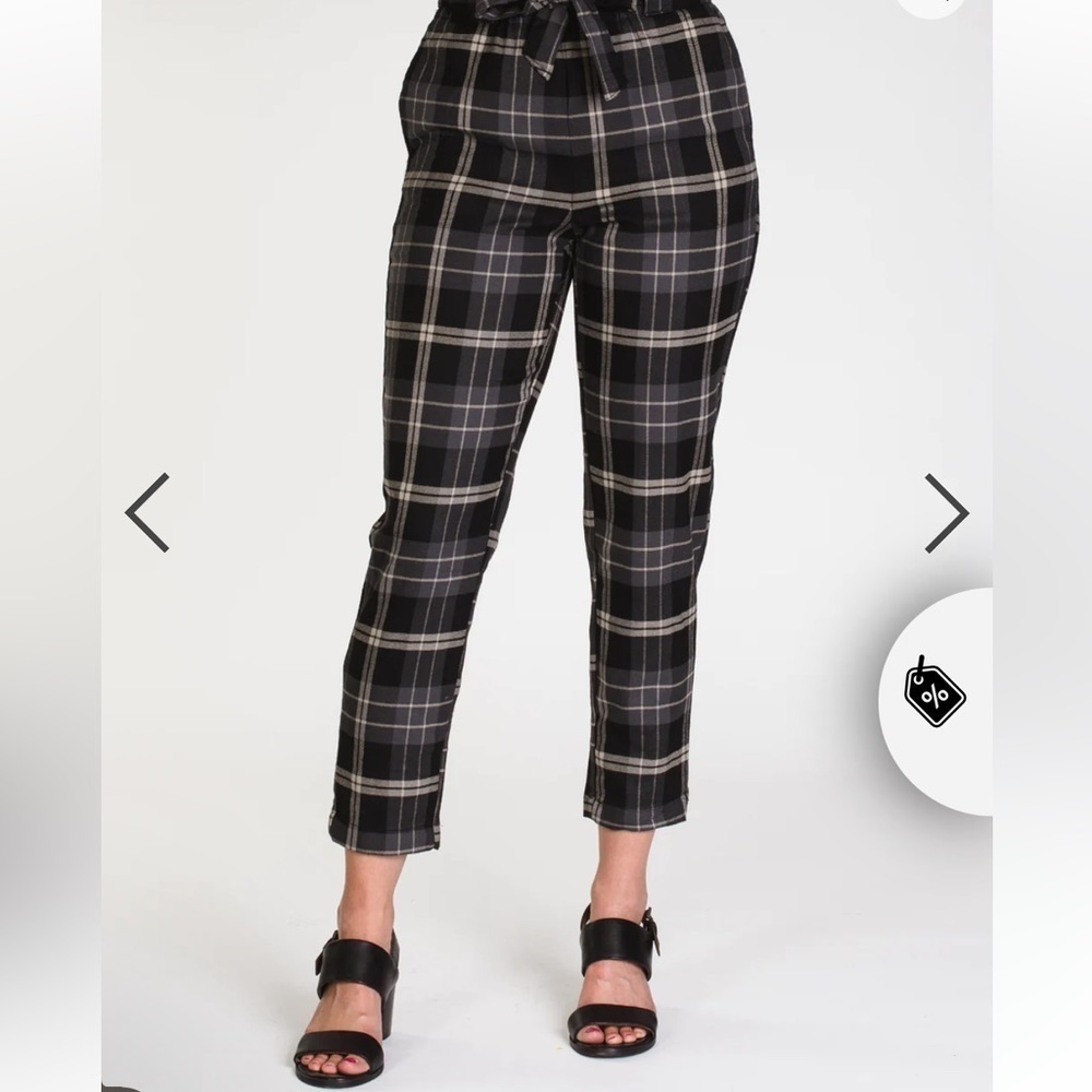 Harlow Paper Bag High Waisted Plaid Pant Trouser Grey Black Cream Size S‌‌